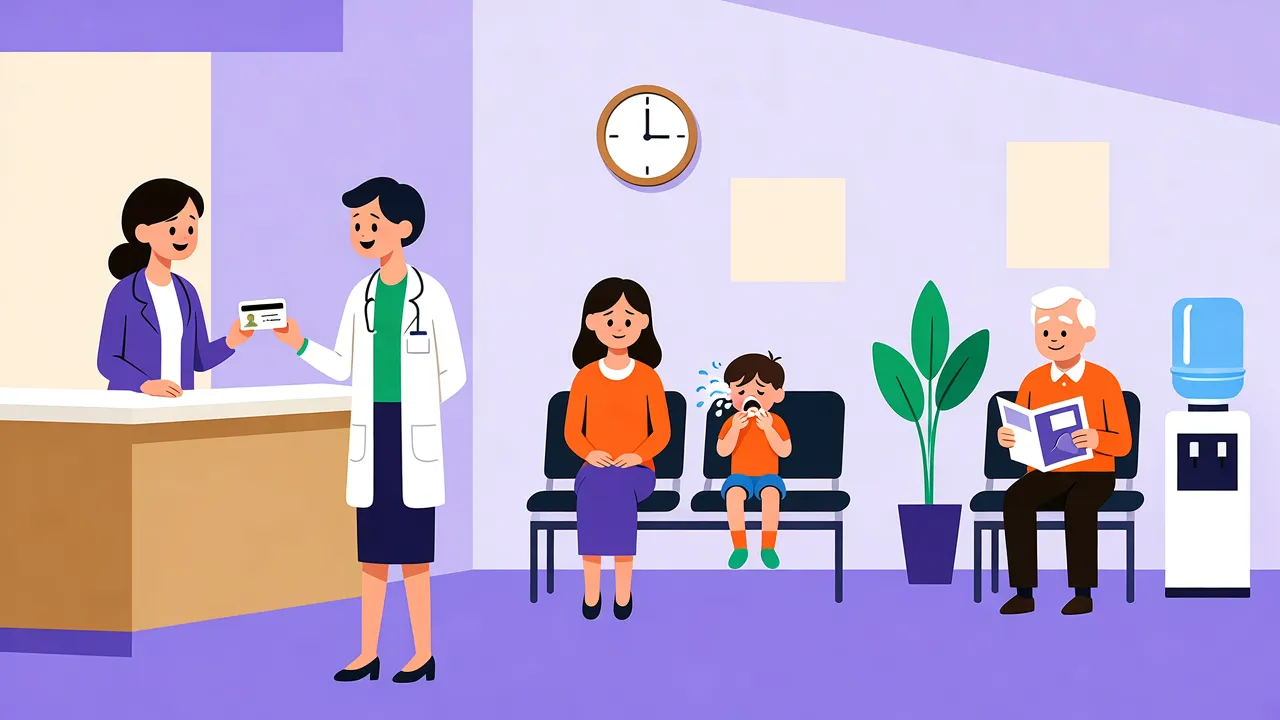 Illustration: Wartezimmer einer Arztpraxis mit Anmeldung, einer Mutter mit Kind und einem älteren Mann, der eine Zeitschrift liest