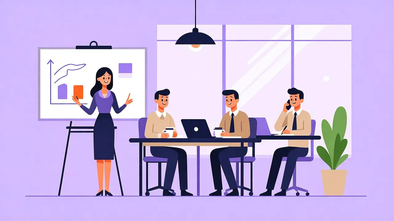 Illustration: Besprechung im Büro, eine Frau präsentiert an einer Tafel mit Diagramm, drei Kollegen sitzen am Tisch mit Laptop und Kaffeetassen