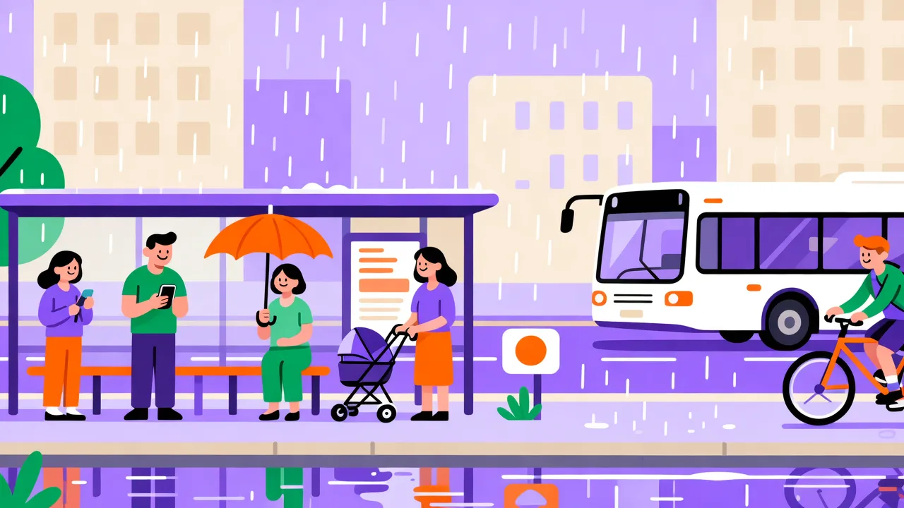 Illustration: Bushaltestelle im Regen, Menschen warten unter dem Dach, ein Bus kommt, ein Radfahrer fährt vorbei