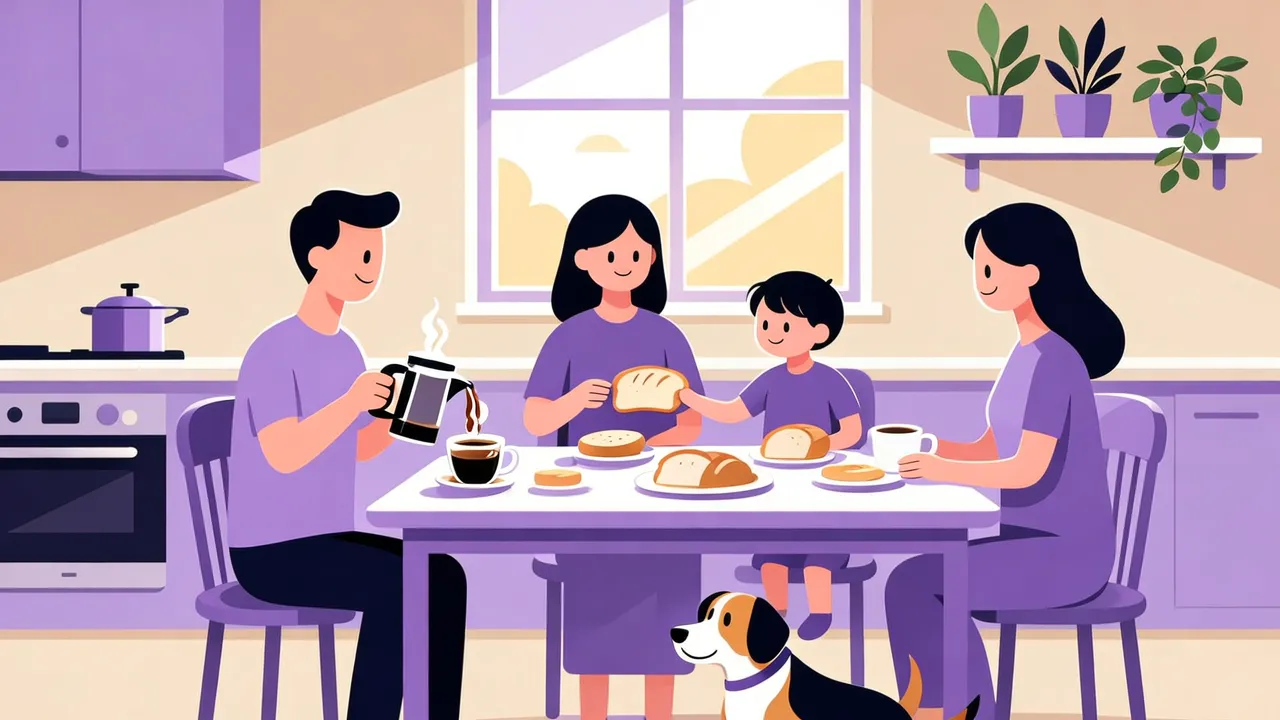 Illustration: Eine Familie frühstückt in der Küche, ein Mann gießt Kaffee ein, ein Kind nimmt Brot, unter dem Tisch sitzt ein Hund