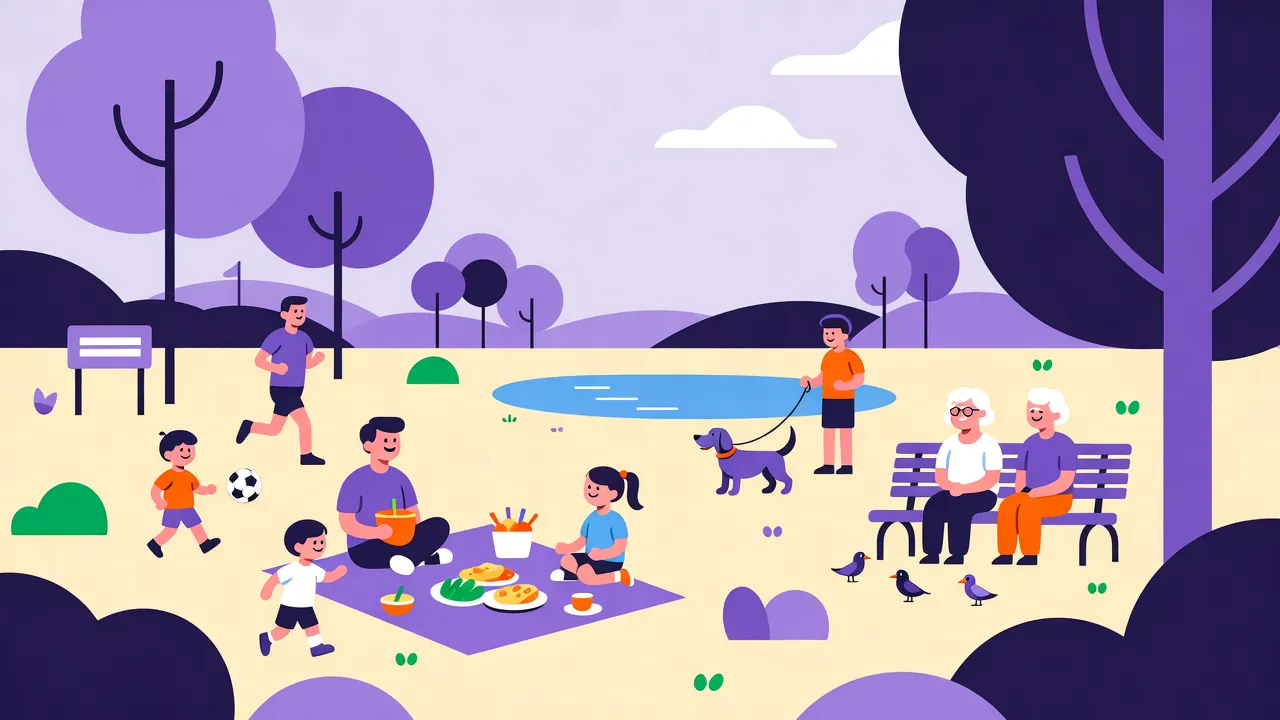 Illustration: Park am Wochenende mit Familie beim Picknick, Fußball spielenden Kindern, einem Jogger und einem älteren Paar auf einer Bank