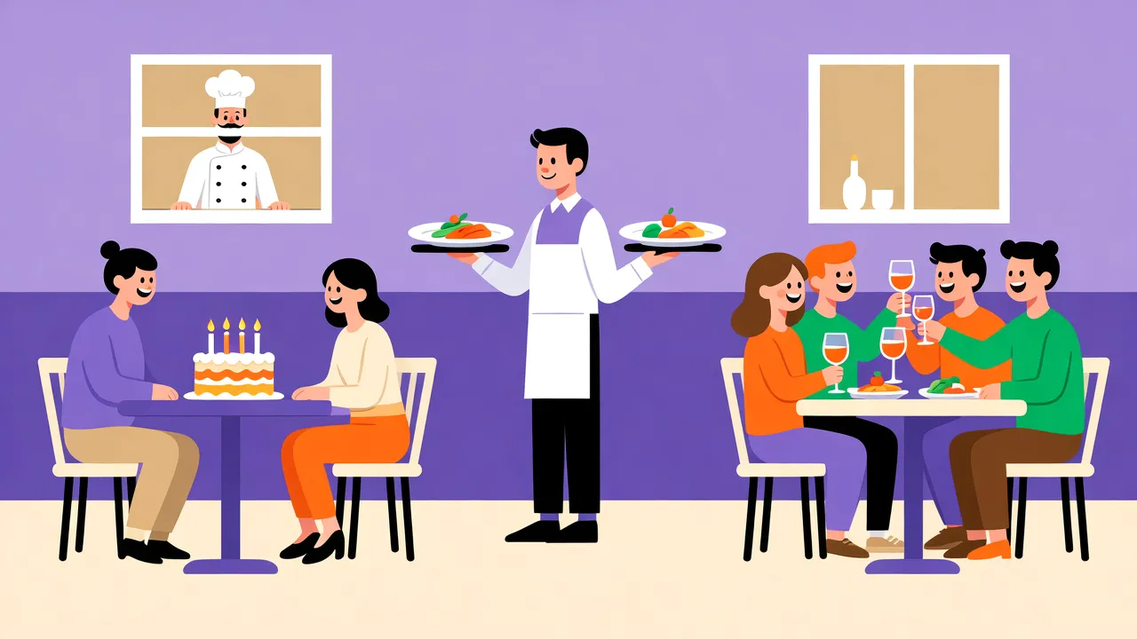 Illustration: Restaurant, ein Kellner bringt zwei Teller, ein Paar sitzt an einem Tisch mit Geburtstagskuchen, eine Gruppe stößt mit Gläsern an