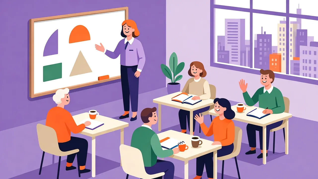 Illustration: Deutschkurs für Erwachsene, eine Lehrerin an der Tafel, fünf Lernende an Tischen, eine Person meldet sich