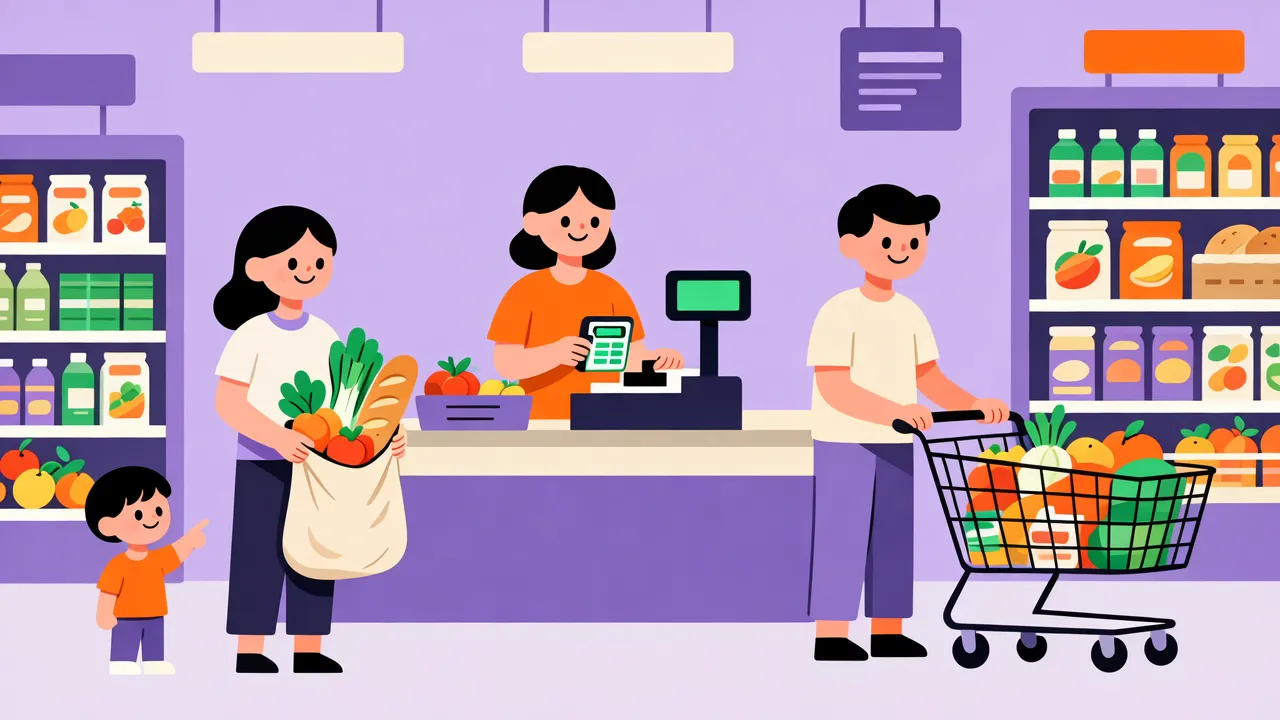 Illustration: Kasse im Supermarkt, eine Kundin mit Stofftasche voller Gemüse, eine Kassiererin, ein Kind und ein Mann mit vollem Einkaufswagen