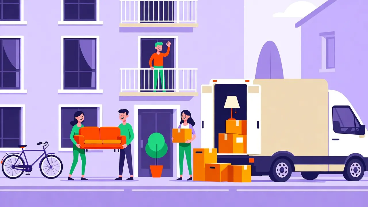 Illustration: Umzug vor einem Wohnhaus, zwei Personen tragen ein Sofa, eine Frau hält einen Karton, daneben ein Umzugswagen und ein Nachbar auf dem Balkon