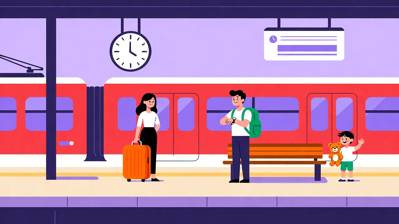 Illustration: Bahnsteig mit rotem Zug, eine Frau mit orangefarbenem Koffer, ein Mann mit Rucksack schaut auf seine Uhr, ein Kind mit Teddy winkt