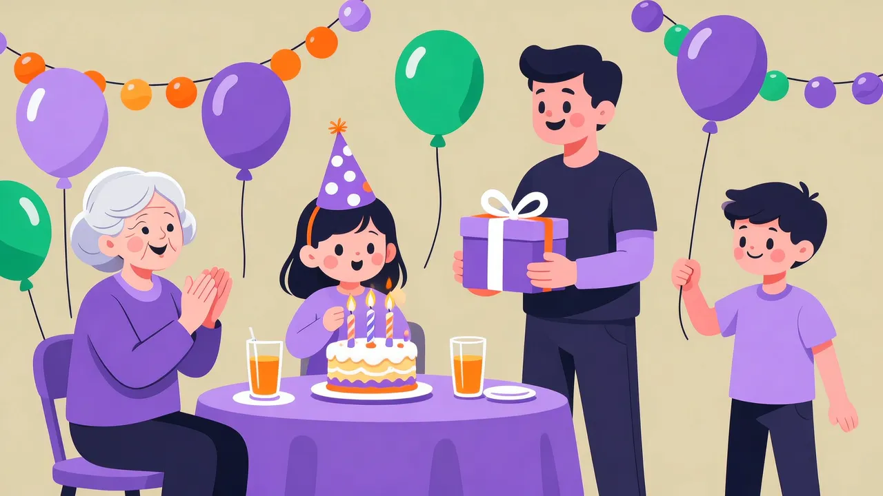 Illustration: Geburtstagsfeier, ein Mädchen mit Partyhut sitzt vor einem Kuchen mit Kerzen, eine ältere Frau klatscht, ein Mann hält ein Geschenk, ein Junge hält einen Luftballon