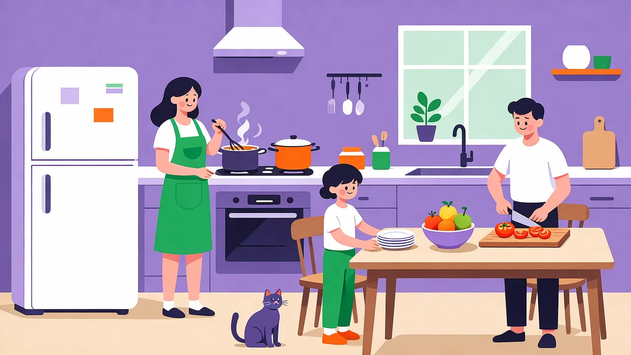 Illustration: Küche, eine Frau mit grüner Schürze kocht am Herd, ein Kind stellt Teller auf den Tisch, ein Mann schneidet Tomaten, auf dem Boden sitzt eine Katze