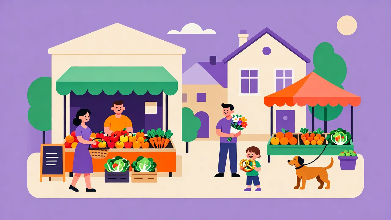 Illustration: Wochenmarkt, eine Frau mit Korb kauft Äpfel an einem Stand, ein Verkäufer, ein Mann mit Blumen, ein Kind mit einer Brezel und ein Hund