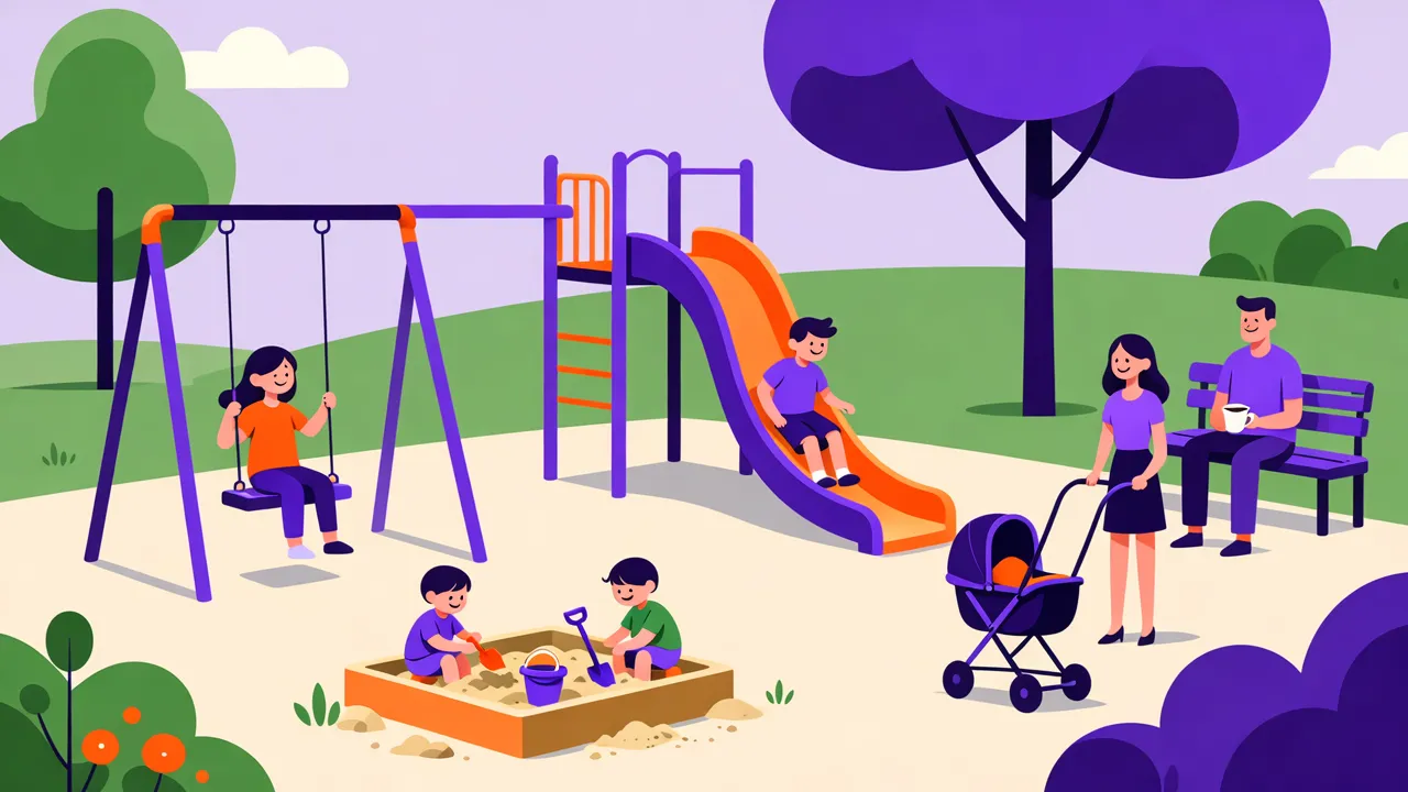 Illustration: Spielplatz im Park, ein Mädchen auf der Schaukel, ein Junge auf der Rutsche, zwei Kinder im Sandkasten, eine Frau mit Kinderwagen und ein Mann auf einer Bank
