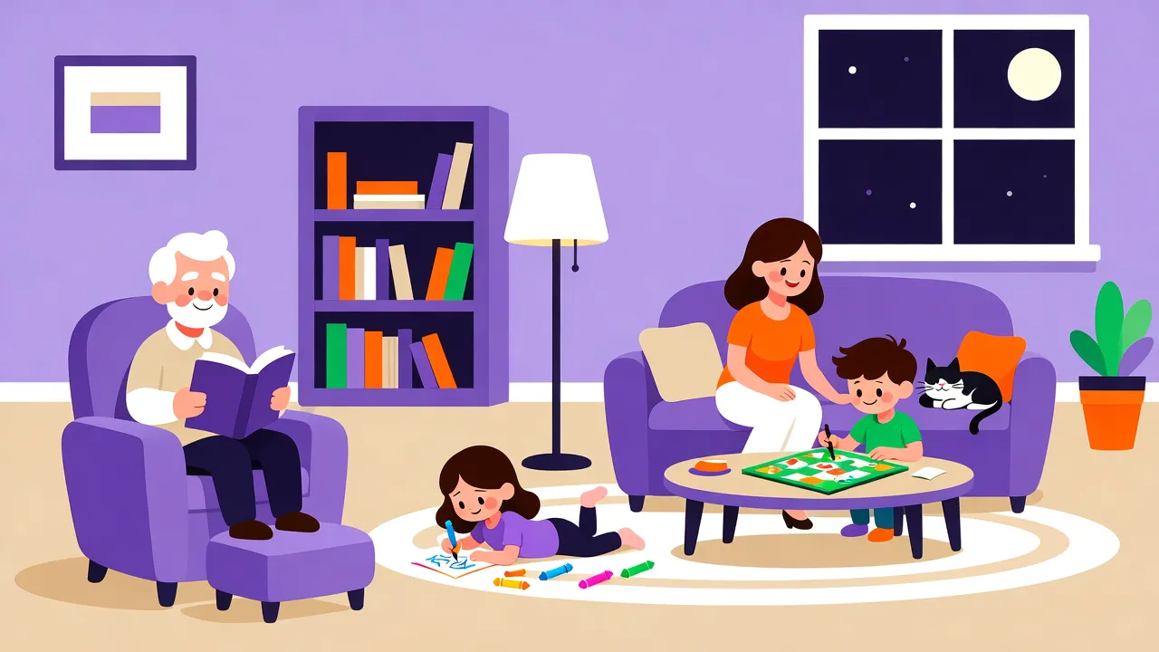 Illustration: Wohnzimmer am Abend, ein älterer Mann liest im Sessel, ein Mädchen malt auf dem Teppich, eine Frau und ein Junge spielen ein Brettspiel, auf dem Sofa schläft eine Katze