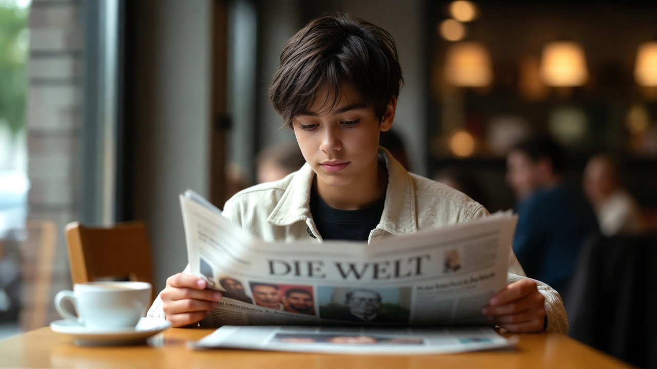 Person reading a German newspaper for TELC A2 Leseverstehen practice