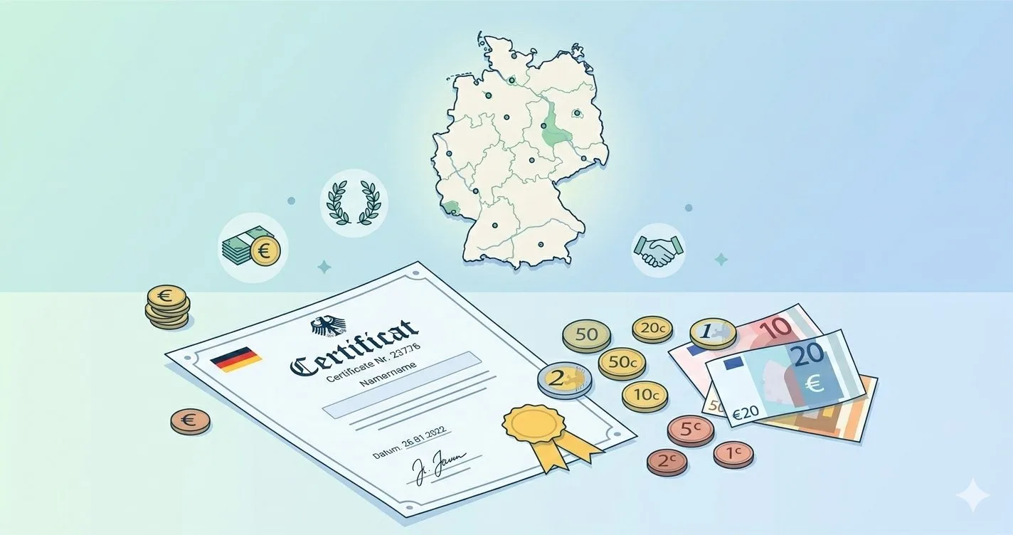 TELC B1 exam costs in Germany showing Euro currency and a German language certificate