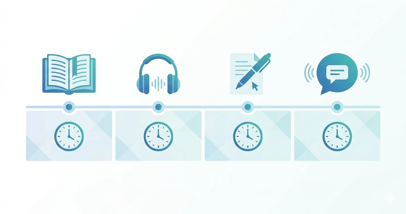 TELC B1 exam structure showing four sections: Reading, Listening, Writing, and Speaking