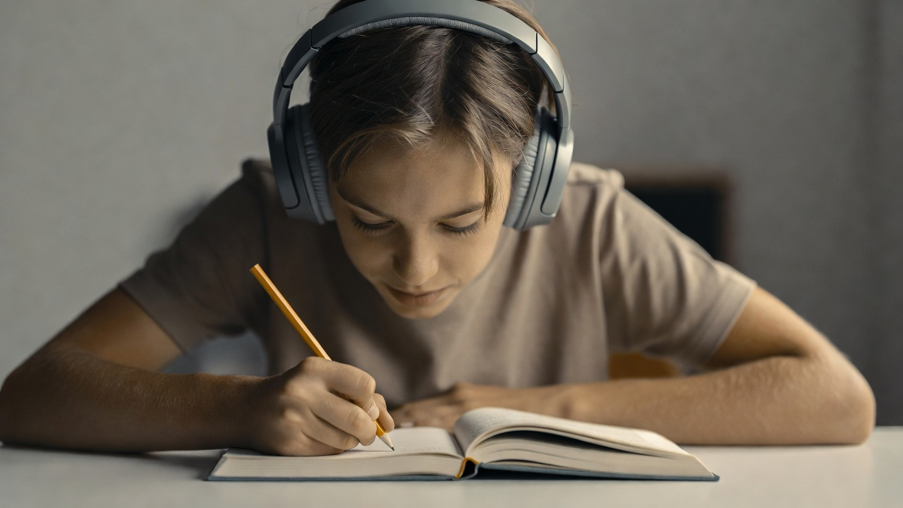 Person with headphones listening to a German audio track for TELC B1 Hoeren practice