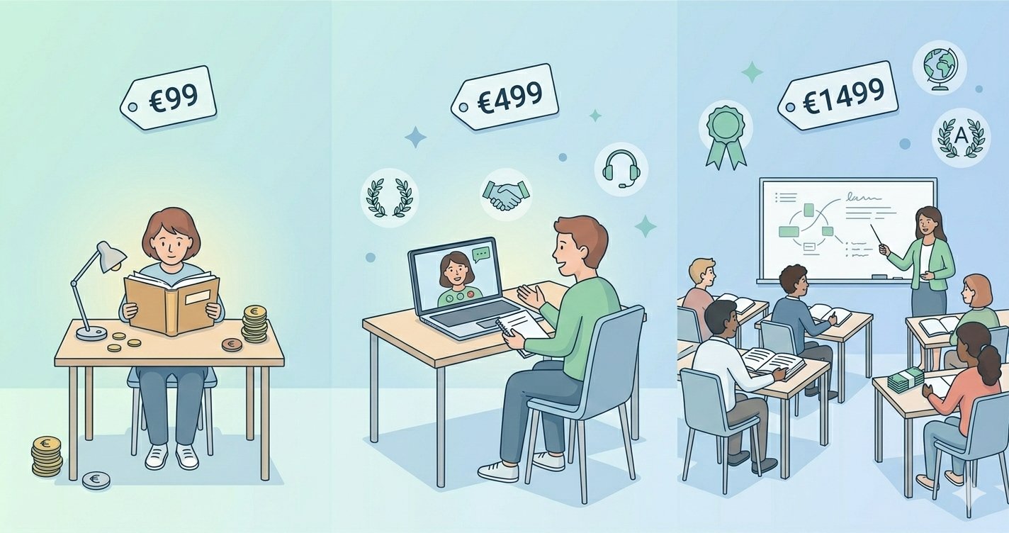 Three TELC B1 preparation approaches compared: self-study budget, mid-range with tutor, and full language course