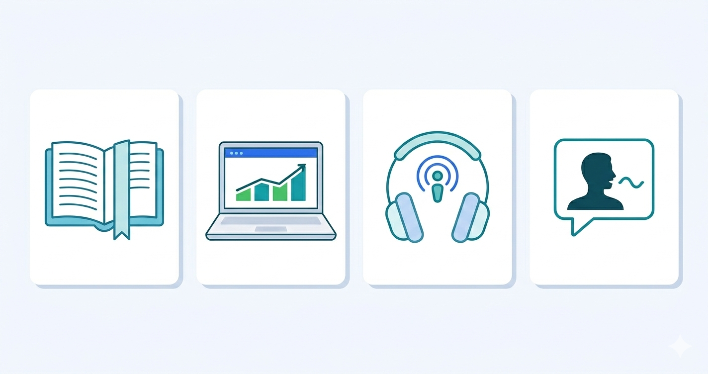 Four preparation tools: textbook, app, headphones for podcasts, and speaking partner