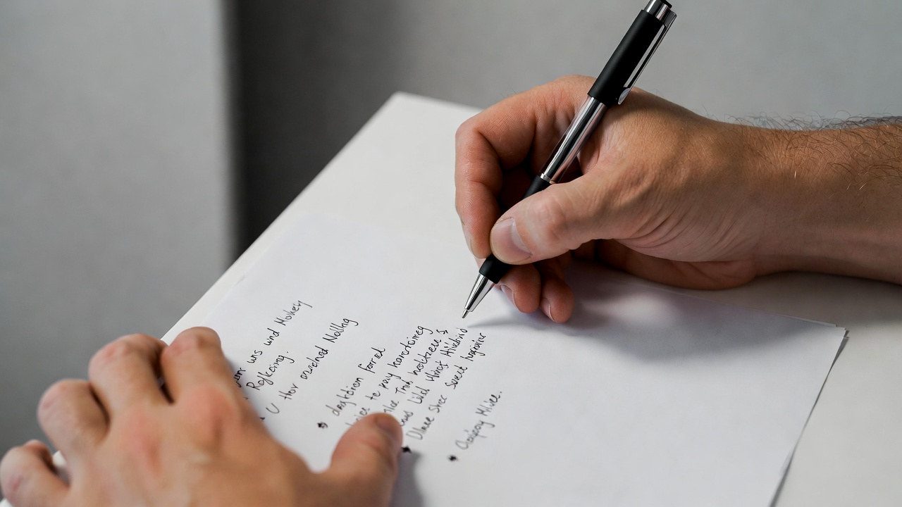 Haende schreiben einen Brief am Schreibtisch fuer die TELC B1 Pruefung