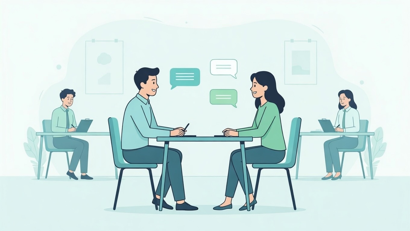 Two people sitting at a table during a TELC B1 oral exam with two examiners observing