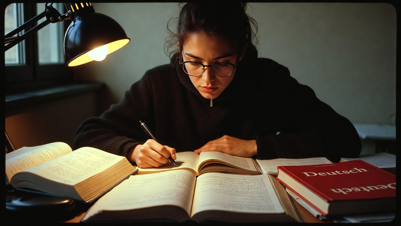 Person sitting at a desk with German study books looking determined to pass TELC B1