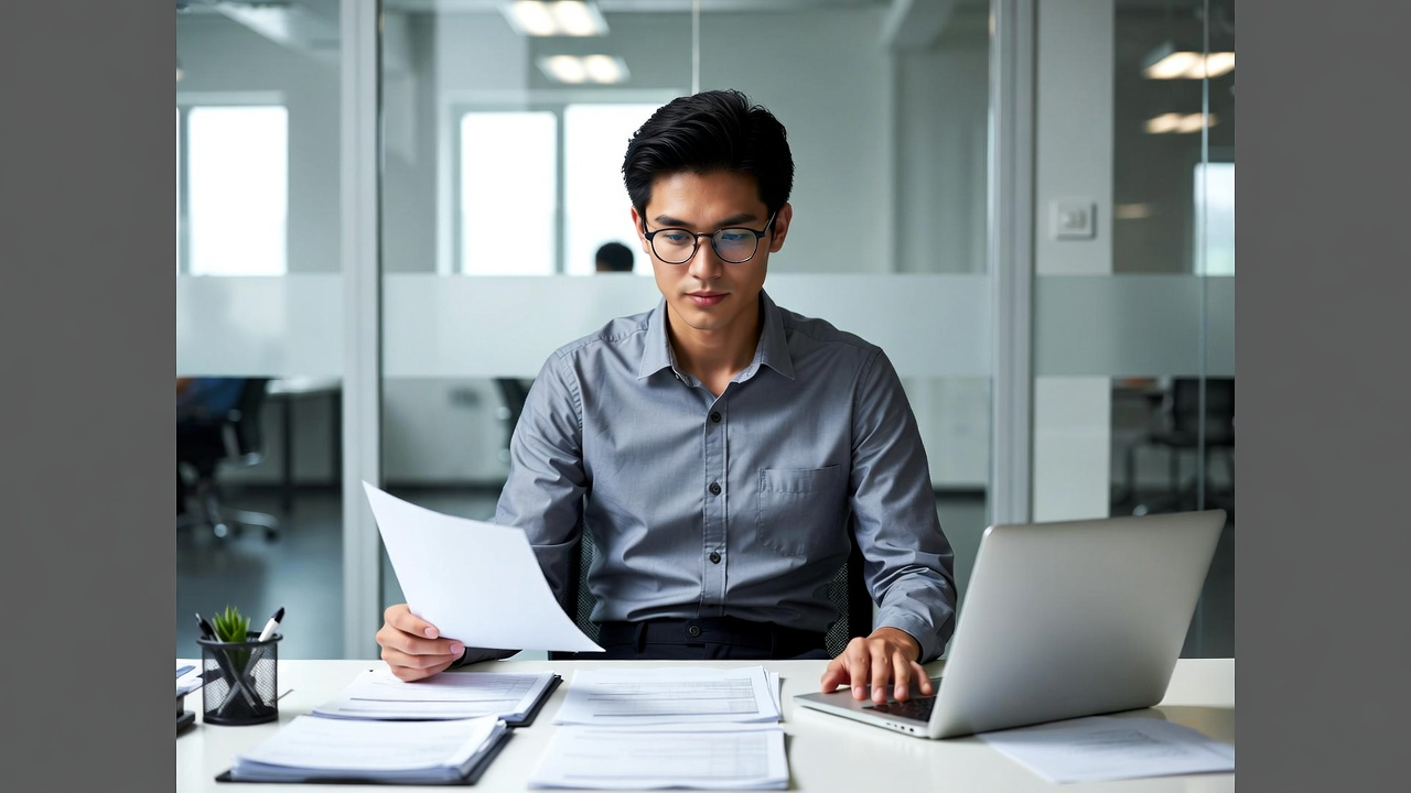 Professional in an office setting preparing for TELC B2 Beruf exam