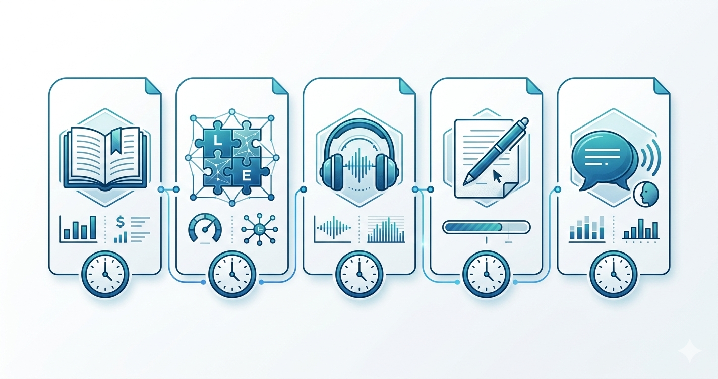 TELC B2 exam structure showing five sections: Reading, Language Elements, Listening, Writing, and Speaking