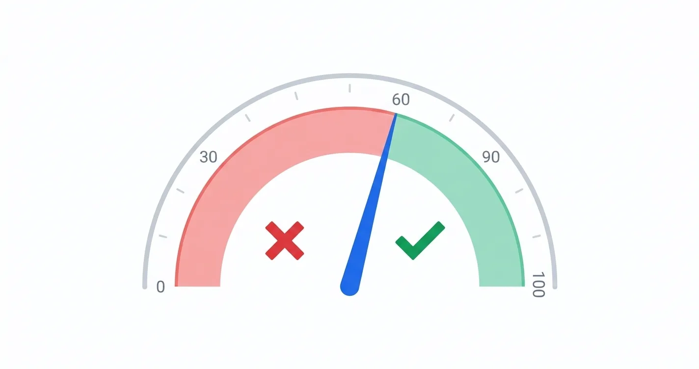Score meter showing the 60% passing threshold with green checkmark above and red X below