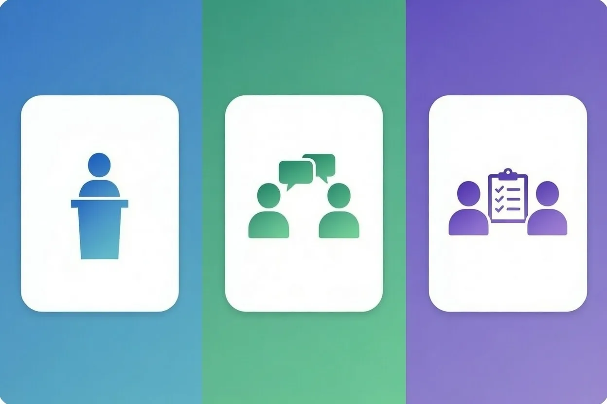 Three-part speaking exam: Part 1 person presenting, Part 2 two people debating, Part 3 two people planning together