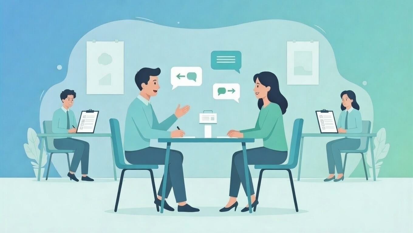 Two exam candidates having a structured discussion during a TELC B2 oral exam