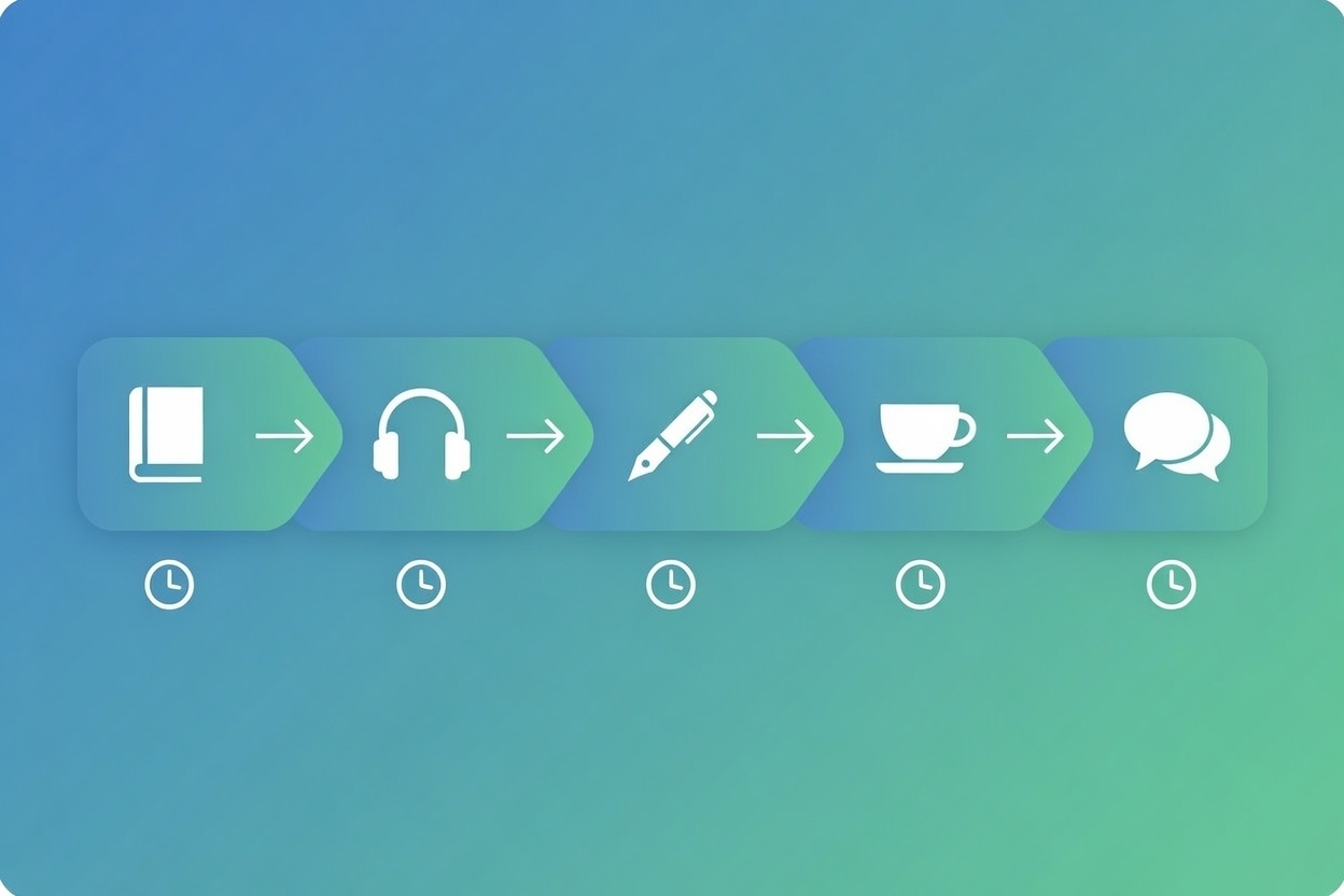 Exam timeline flowing left to right showing Reading, Listening, Writing blocks then a break then Speaking