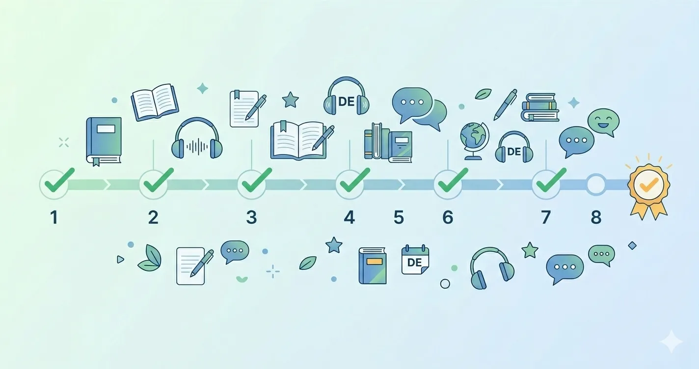 8-week TELC B2 study plan timeline showing progressive preparation from diagnostic to final mock tests