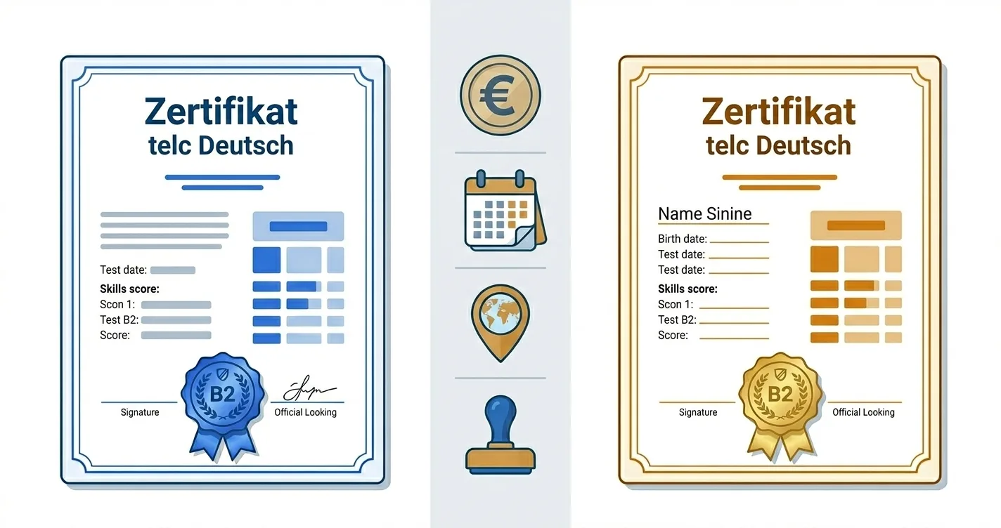 Side-by-side comparison of TELC B2 and Goethe B2 certificate across price, availability, format and recognition